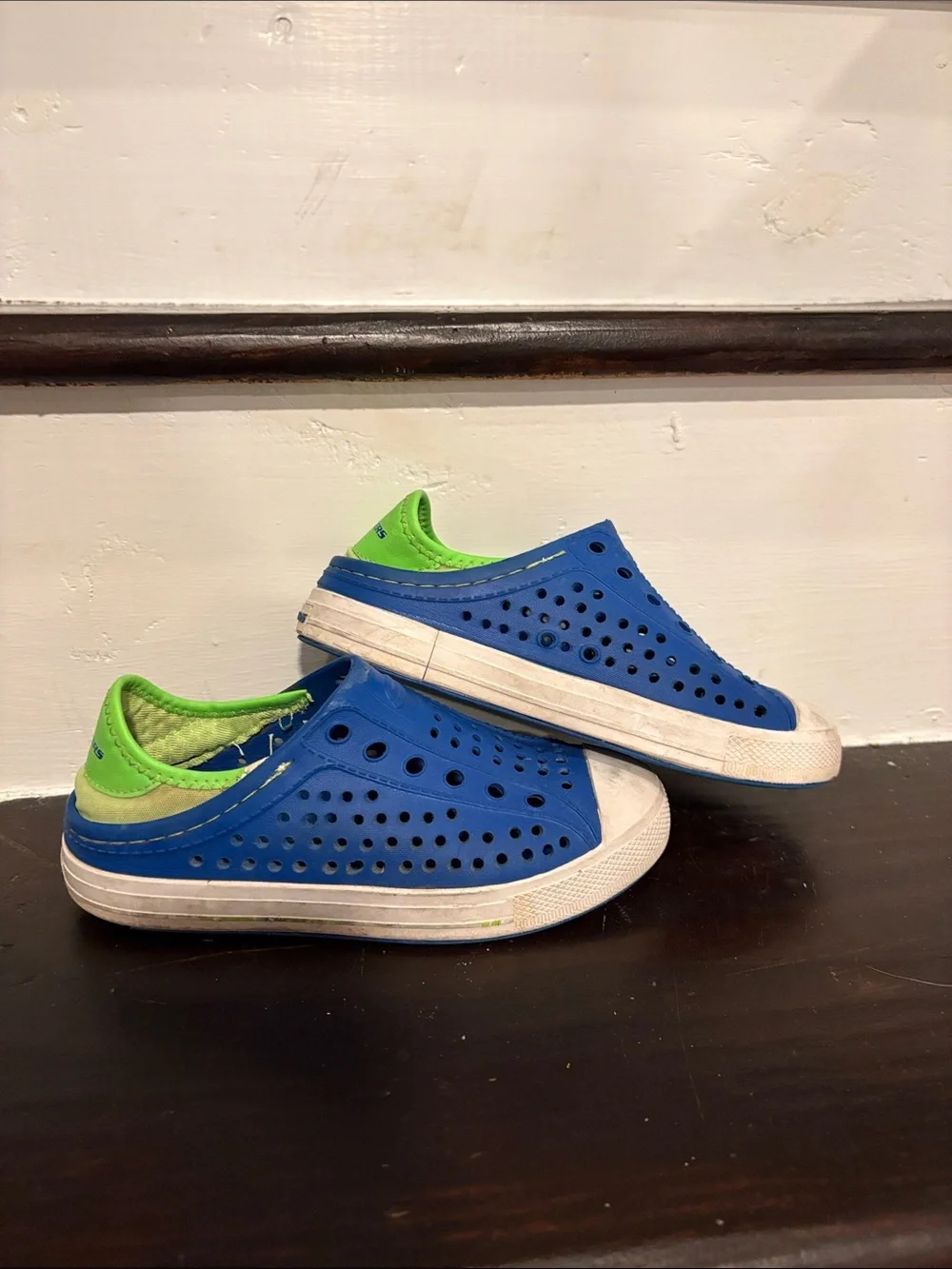 Skechers Blue Slip-On Perforated Kids Water Shoes with Lime Lining